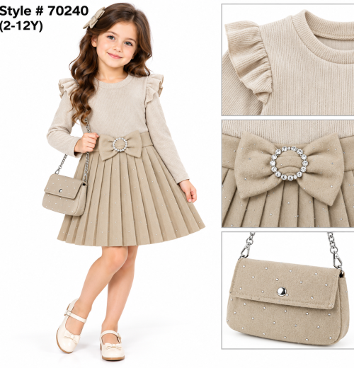 Girls 2pc Pleated Diamante Dress with Purse (2-12y)