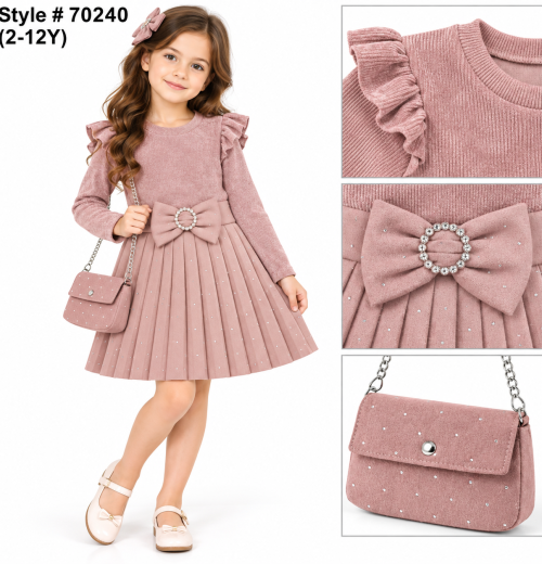 Girls 2pc Pleated Diamante Dress with Purse (2-12y)