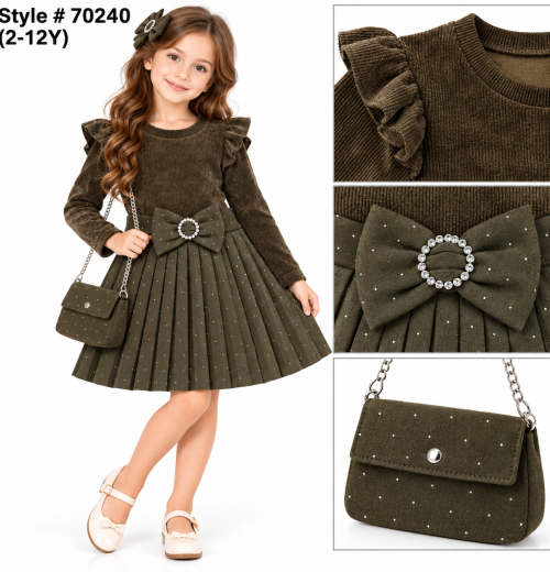Girls 2pc Pleated Diamante Dress with Purse (2-12y)