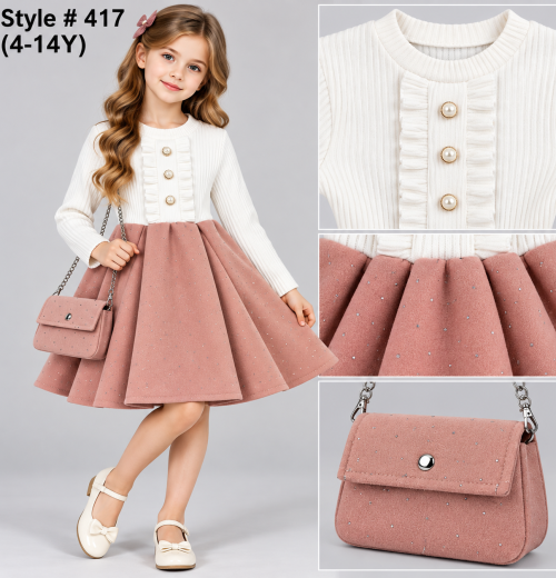 Girls 2pc Ruffle Diamante Dress with Purse (4-14y)