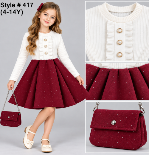 Girls 2pc Ruffle Diamante Dress with Purse (4-14y)