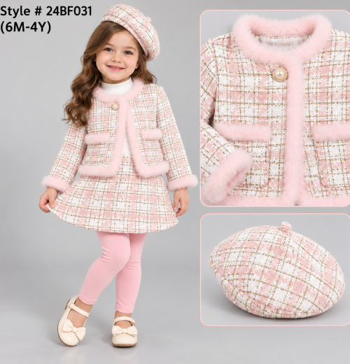 Baby Girls 4pc Fur Trim Dress, Jacket & Leggings  Set with Hat (6m-4y)