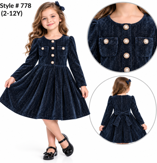 Girls Double Pocket Glitter Dress (2-12y)