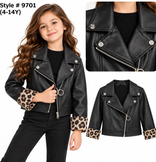 Girls Leopard Trim PVC Jacket (4-14y)