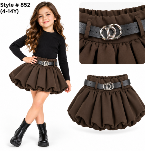 Girls Pleated Balloon Style Skirt with Belt (4-14y)