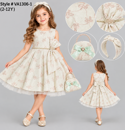 Girls 3pc Bow Jacquard Dress, Headband & Purse Set (2-12y)