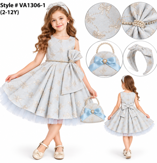 Girls 3pc Bow Jacquard Dress, Headband & Purse Set (2-12y)