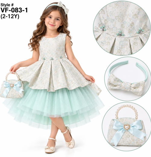 Girls 3pc Floral Pleated Jacquard Dress, Headband & Purse Set (2-12y)