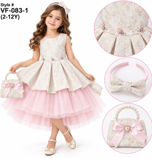 Girls 3pc Floral Pleated Jacquard Dress, Headband & Purse Set (2-12y)