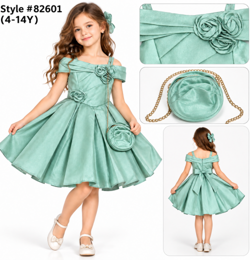 Girls 2pc Pleated Flower Party Dress & Purse Set (4-14y)