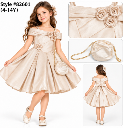 Girls 2pc Pleated Flower Party Dress & Purse Set (4-14y)