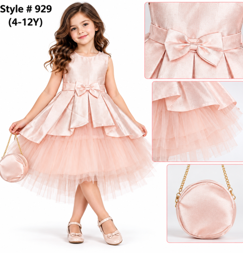 Girls Pleated Bow Party Dress with Purse (4-12y)