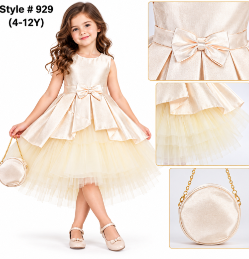 Girls Pleated Bow Party Dress with Purse (4-12y)