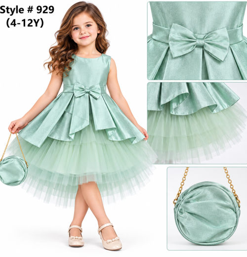 Girls Pleated Bow Party Dress with Purse (4-12y)