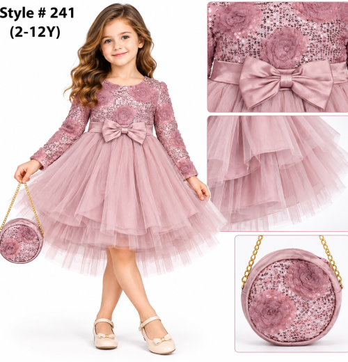 Girls Sequins Bow Party Dress with Purse (2-12y)