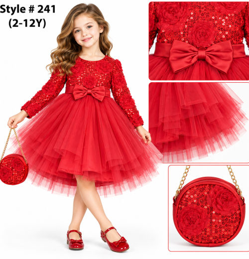 Girls Sequins Bow Party Dress with Purse (2-12y)