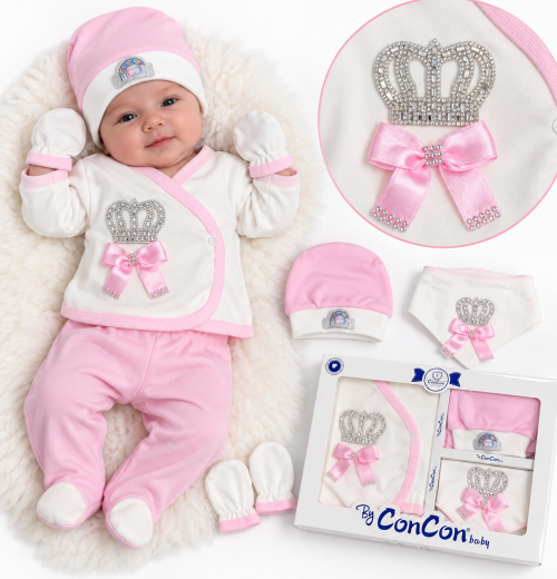 Baby Girls 5pc Crown Gift Set with Hat, Mittens & Bib (0-3m)