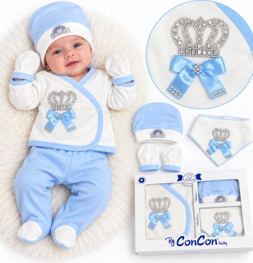 Baby Boys 5pc Crown Gift Set with Hat, Mittens & Bib (0-3m)