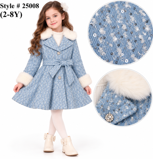 Girls Denim Fur Collar Sequins Coat (2-8y)