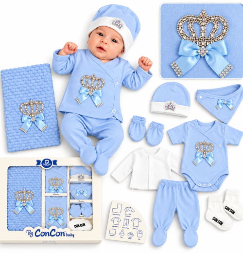 Baby Boys 10pc Crown Gift Set with Hat, Mittens & Blanket (0-3m)