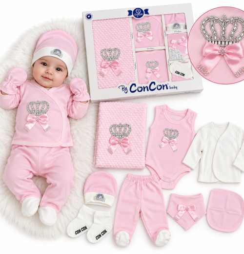 Baby Girls 10pc Crown Gift Set with Hat, Mittens & Blanket (0-3m)