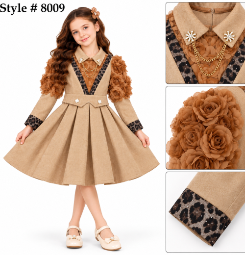 Girls Faux Suede Leopard Trim Floral Sleeve Dress (2-13y)