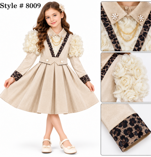 Girls Faux Suede Leopard Trim Floral Sleeve Dress (2-13y)