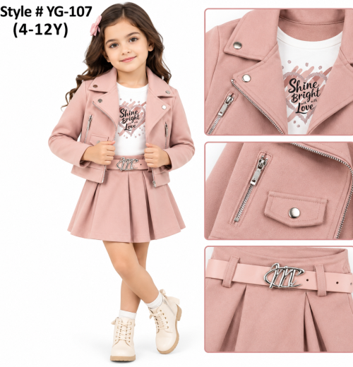 Girls 3pc Zip Jacket, Glitter Top & Pleated Skirt Set (4-12y)