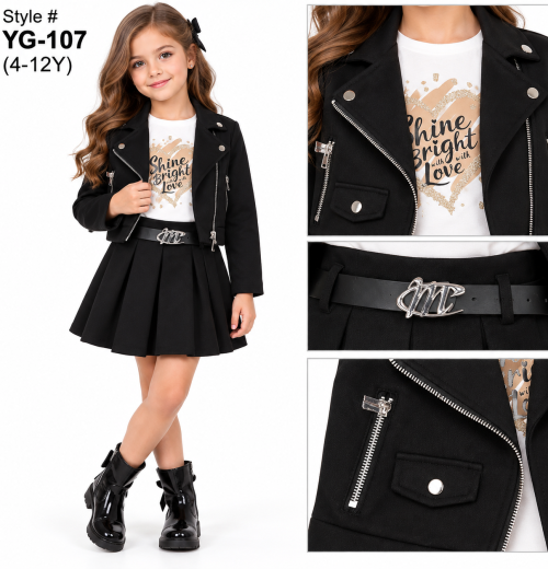 Girls 3pc Zip Jacket, Glitter Top & Pleated Skirt Set (4-12y)