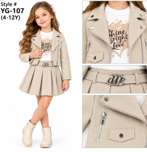Girls 3pc Zip Jacket, Glitter Top & Pleated Skirt Set (4-12y)