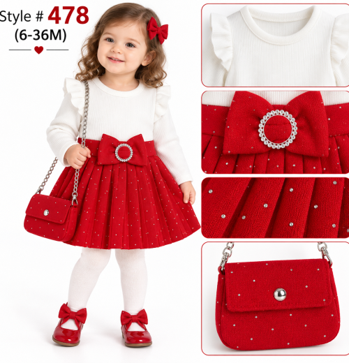 Baby Girls 2pc Diamante Pleated Bow Dress & Purse Set (6-36m)