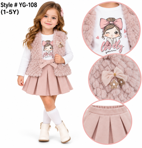 Girls 3pc Fur Gillet & Pleated Skirt Set (1-5y)