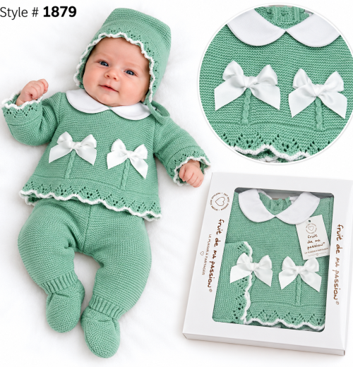 Baby Girls 3pc Double Bow Knitted Gift Set (NB)