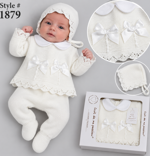 Baby Girls 3pc Double Bow Knitted Gift Set (NB)