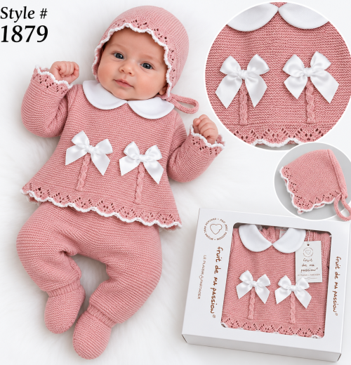 Baby Girls 3pc Double Bow Knitted Gift Set (NB)