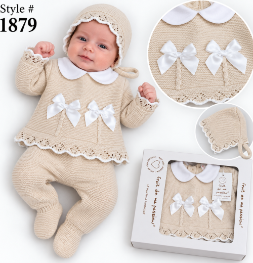 Baby Girls 3pc Double Bow Knitted Gift Set (NB)
