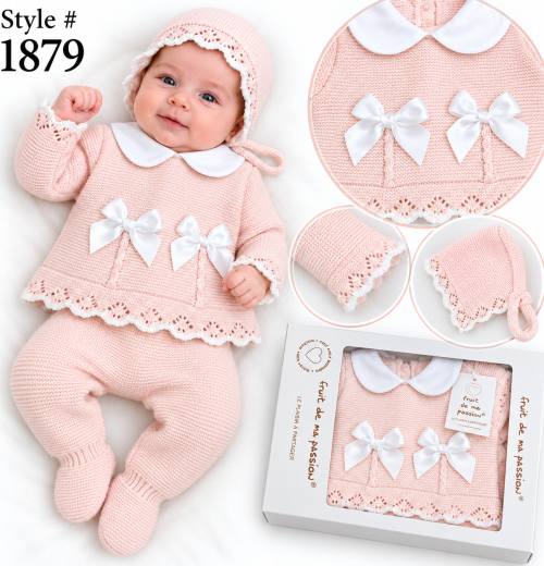 Baby Girls 3pc Double Bow Knitted Gift Set (NB)