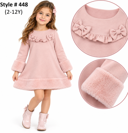 Girls Fur Trim Double Bow Ruffle Dress (2-12y)