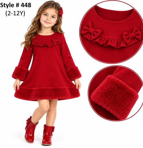Girls Fur Trim Double Bow Ruffle Dress (2-12y)