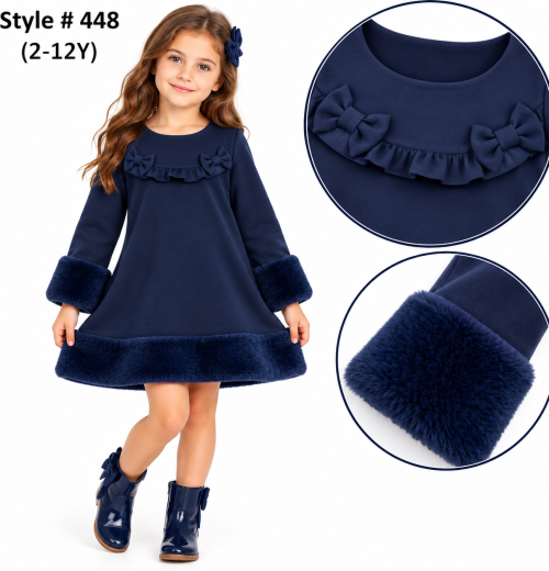 Girls Fur Trim Double Bow Ruffle Dress (2-12y)