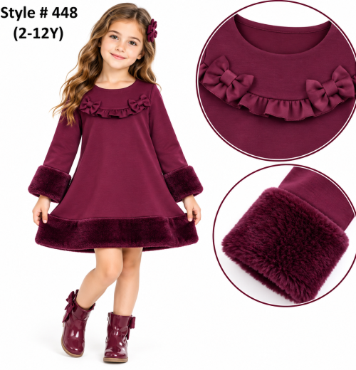 Girls Fur Trim Double Bow Ruffle Dress (2-12y)