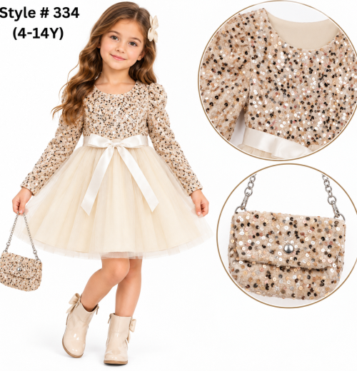 Girls Sequins Bow Party Dress with Purse (4-14y)