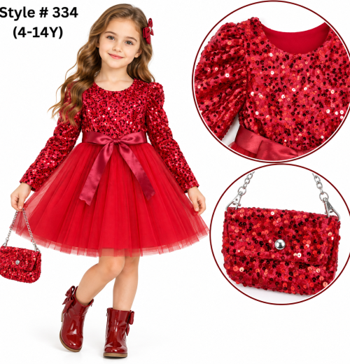 Girls Sequins Bow Party Dress with Purse (4-14y)