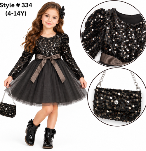 Girls Brown Sequins Bow Party Dress with Purse (4-14y)