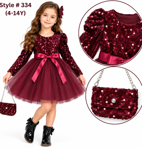 Girls Sequins Bow Party Dress with Purse (4-14y)