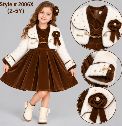Girls Velvet Dress & Fur Diamante Shrug Set (2-5y)