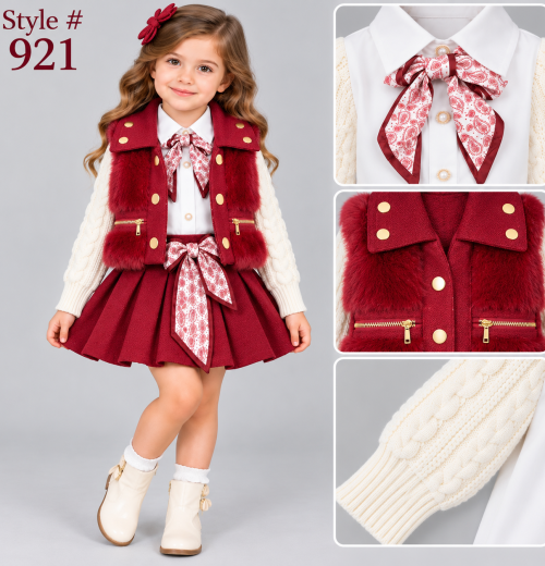 Girls 3pc Knitted Sleeves Shirt, Fur Gilet & Pleated Skirt Set (2-5y)