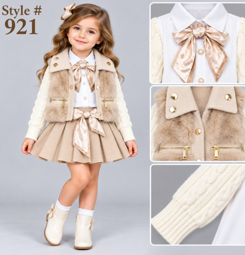 Girls 3pc Knitted Sleeves Shirt, Fur Gilet & Pleated Skirt Set (2-5y)