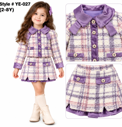 Girls 2pc Velvet Trim Check Skirt Set (2-8y)