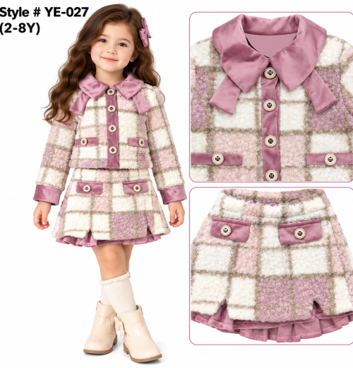Girls 2pc Velvet Trim Check Skirt Set (2-8y)